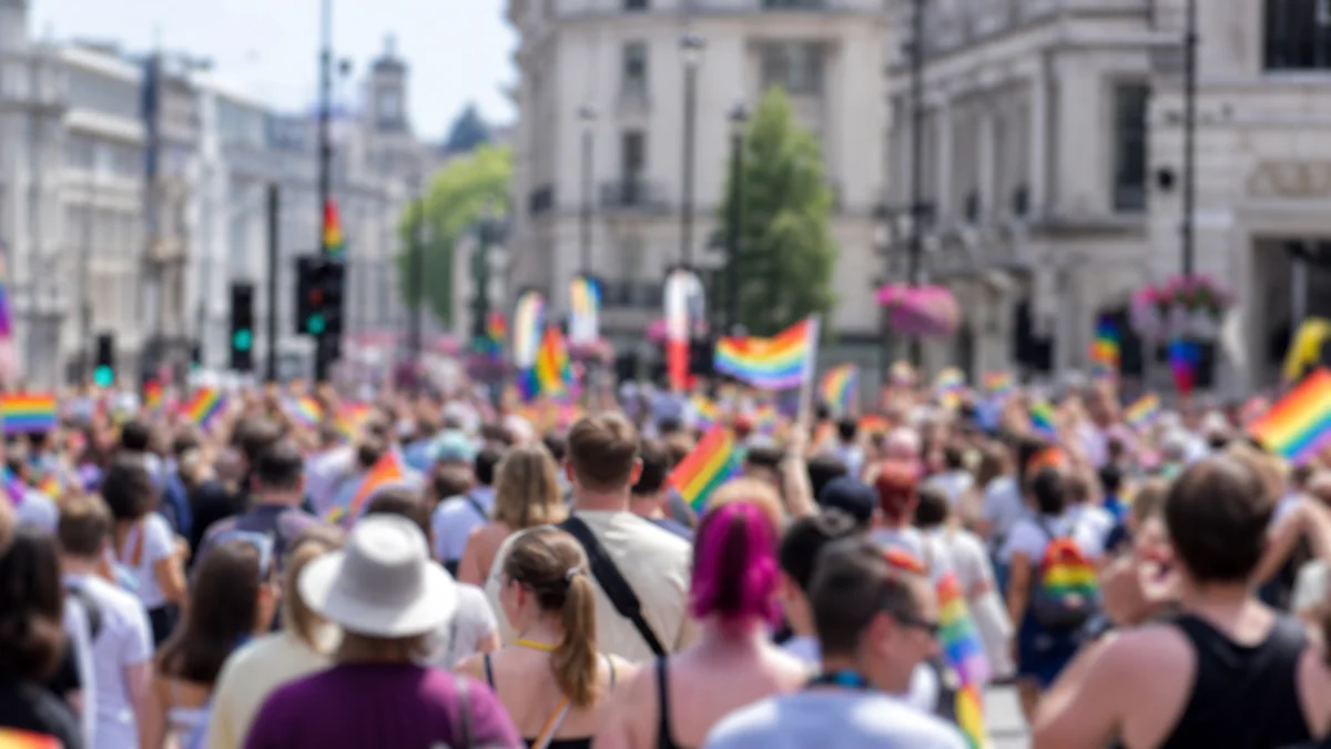 Unscharfe Menschenmenge bei einer CSD-Parade mit Regenbogenfahnen.