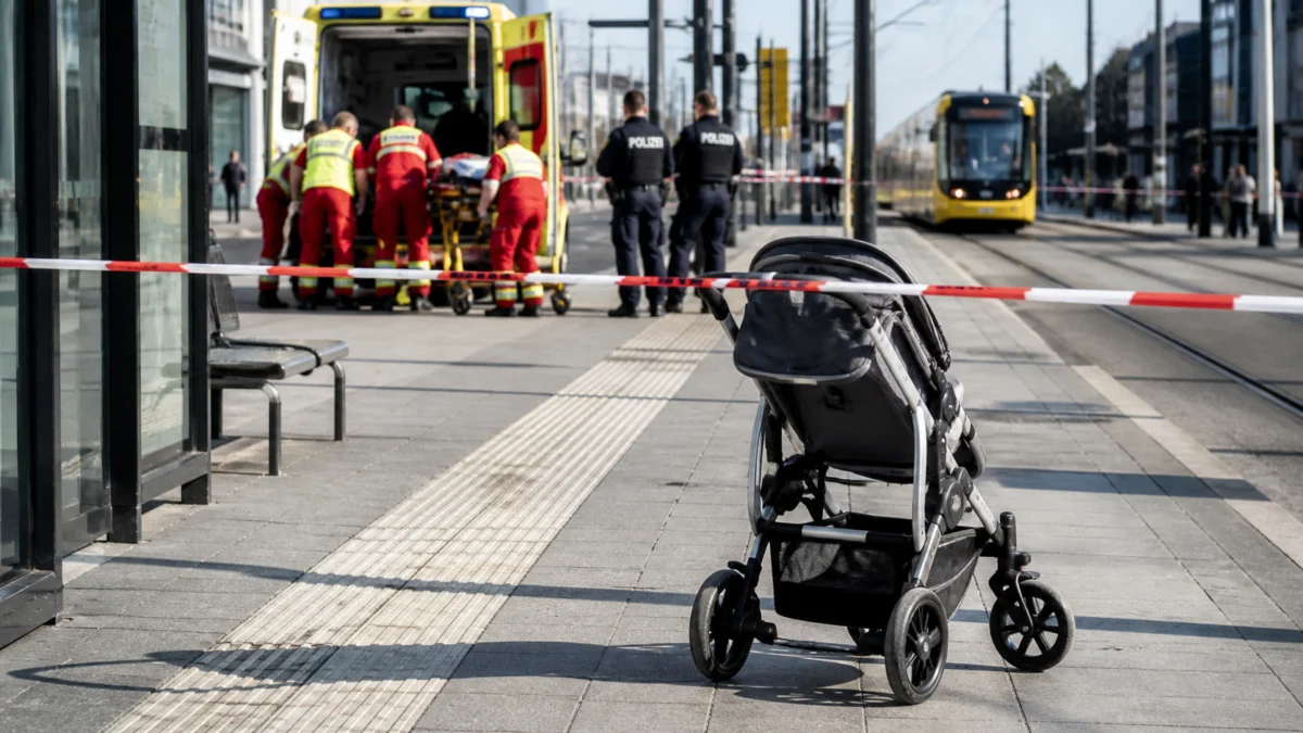 Verlassener Kinderwagen hinter einer Polizeiabsperrung an einer Straßenbahnhaltestelle