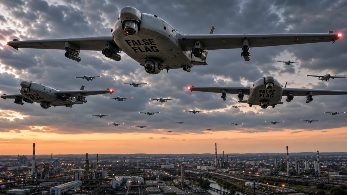 Große Drohnenformation mit der Aufschrift False Flag über einem Industriegebiet