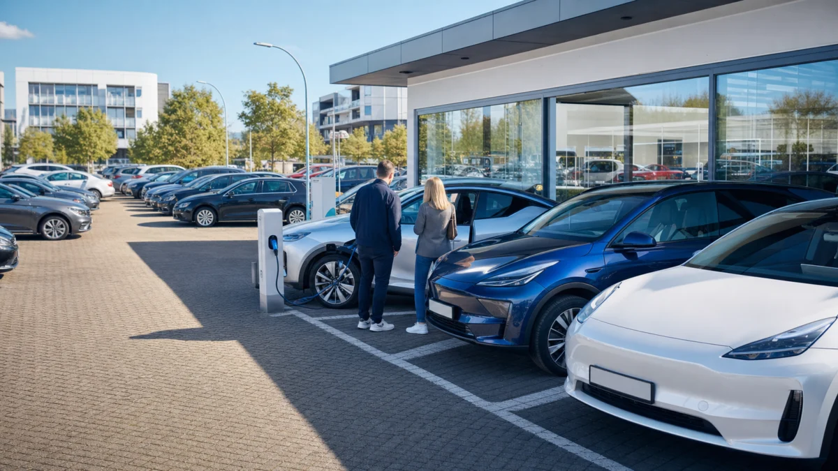 Elektroautos vor einem deutschen Autohaus mit Ladesäulen