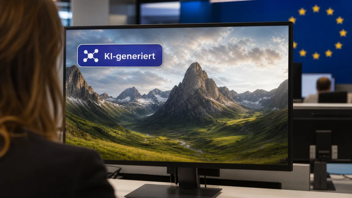 Redaktion kennzeichnet einen KI-generierten Inhalt nach den neuen Regeln des EU AI Act