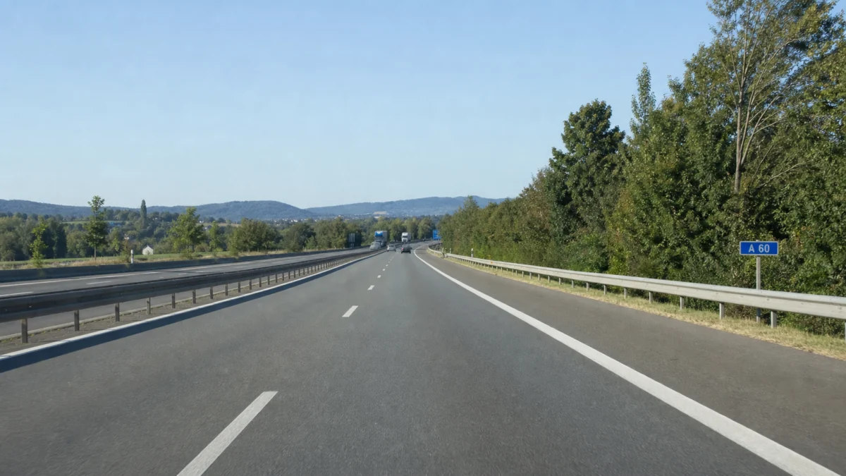 Symbolbild: Freie Autobahn A60 bei Mainz mit kleinem Streckenschild am Fahrbahnrand