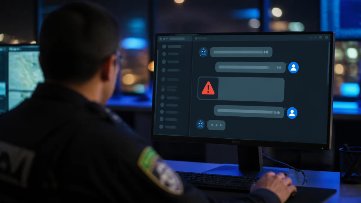 Polizeileitstelle mit Chat-Warnmeldung auf einem Monitor