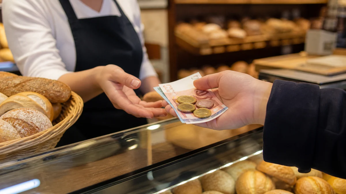 Barzahlung mit Euro-Scheinen an einer Ladentheke