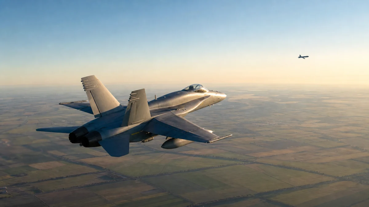 Symbolbild: Spanischer F-18-Kampfjet verfolgt eine Drohne über Rumänien