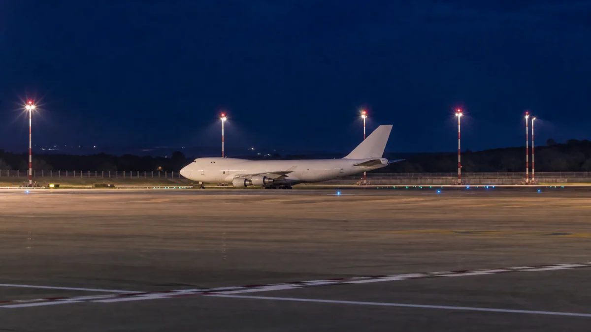 Symbolbild: Frachtflugzeug auf einem Flughafen bei Nacht.