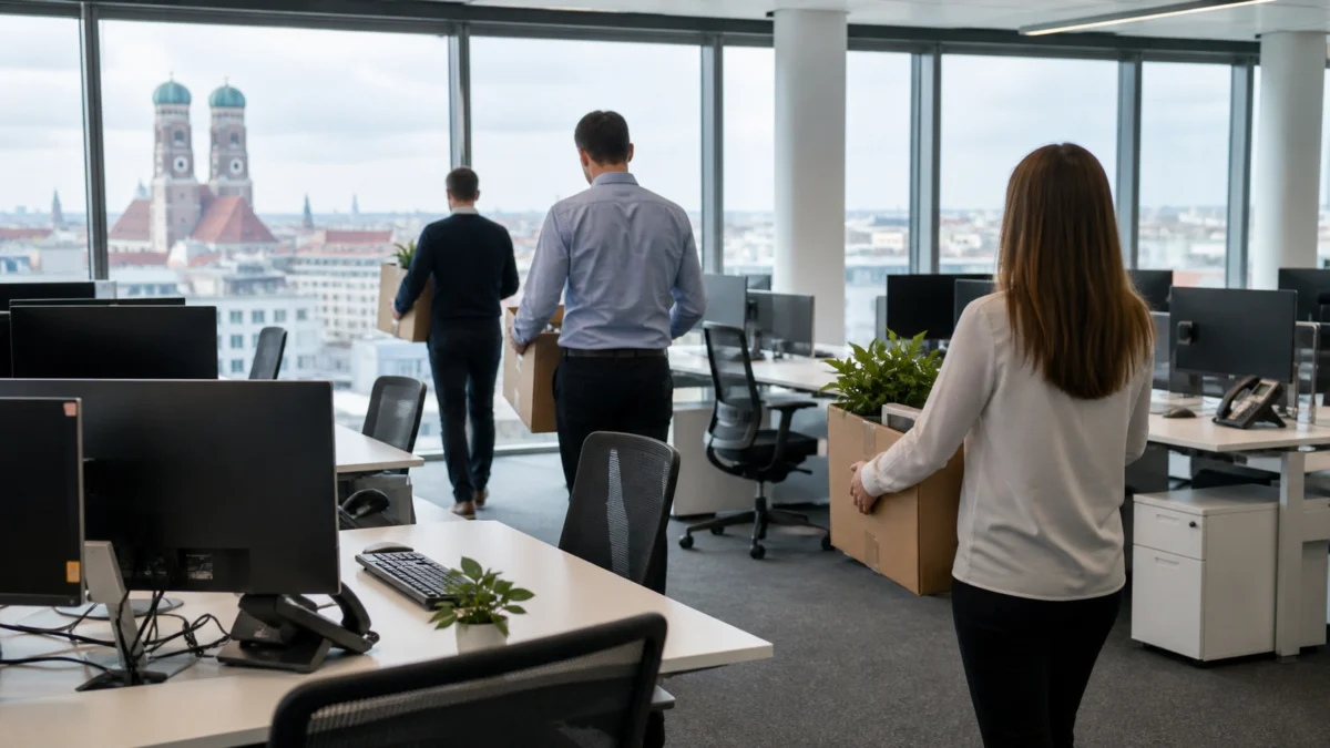 Symbolbild: Leere Arbeitsplätze und Mitarbeiter beim Aufräumen in einem modernen Büro.