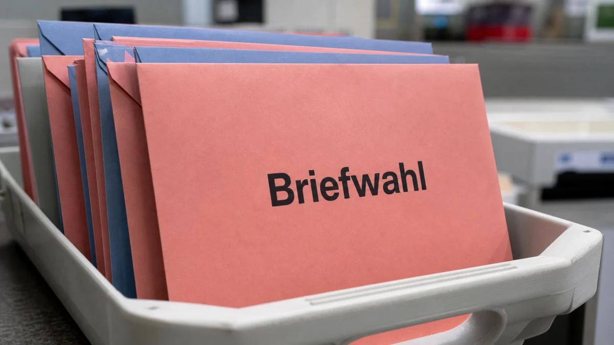 Briefwahl-Umschläge in einer Ablage.