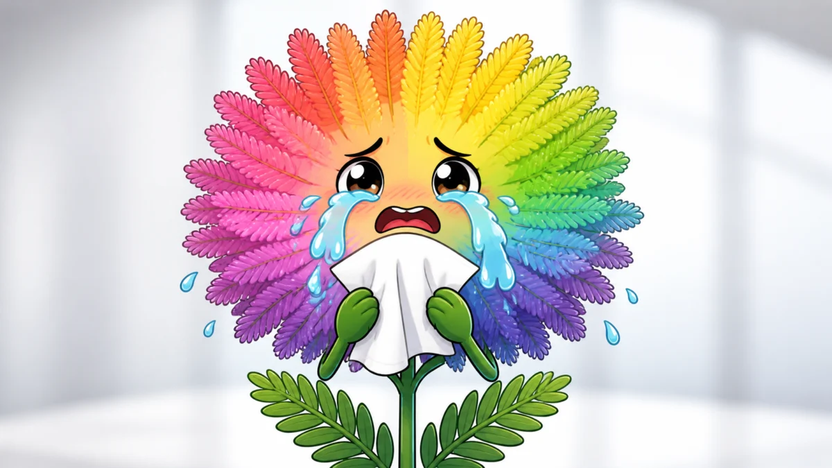 Comicartige weinerliche Mimose in Regenbogenfarben.