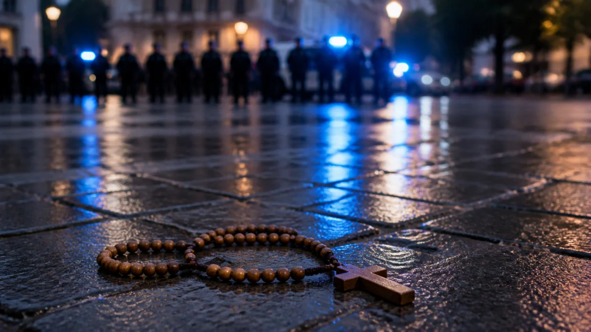 Rosenkranz auf nassem Pflaster vor einer unscharfen Polizeikette