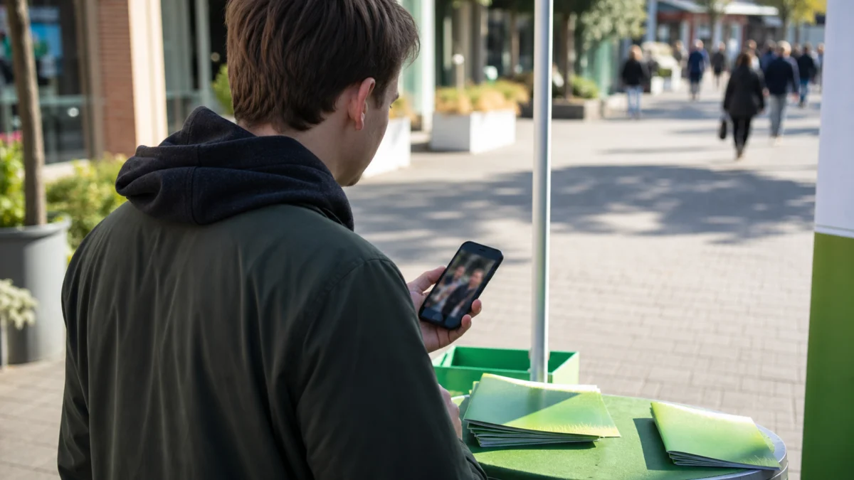 Junger Wahlkampfhelfer betrachtet ein altes Video am grünen Infostand