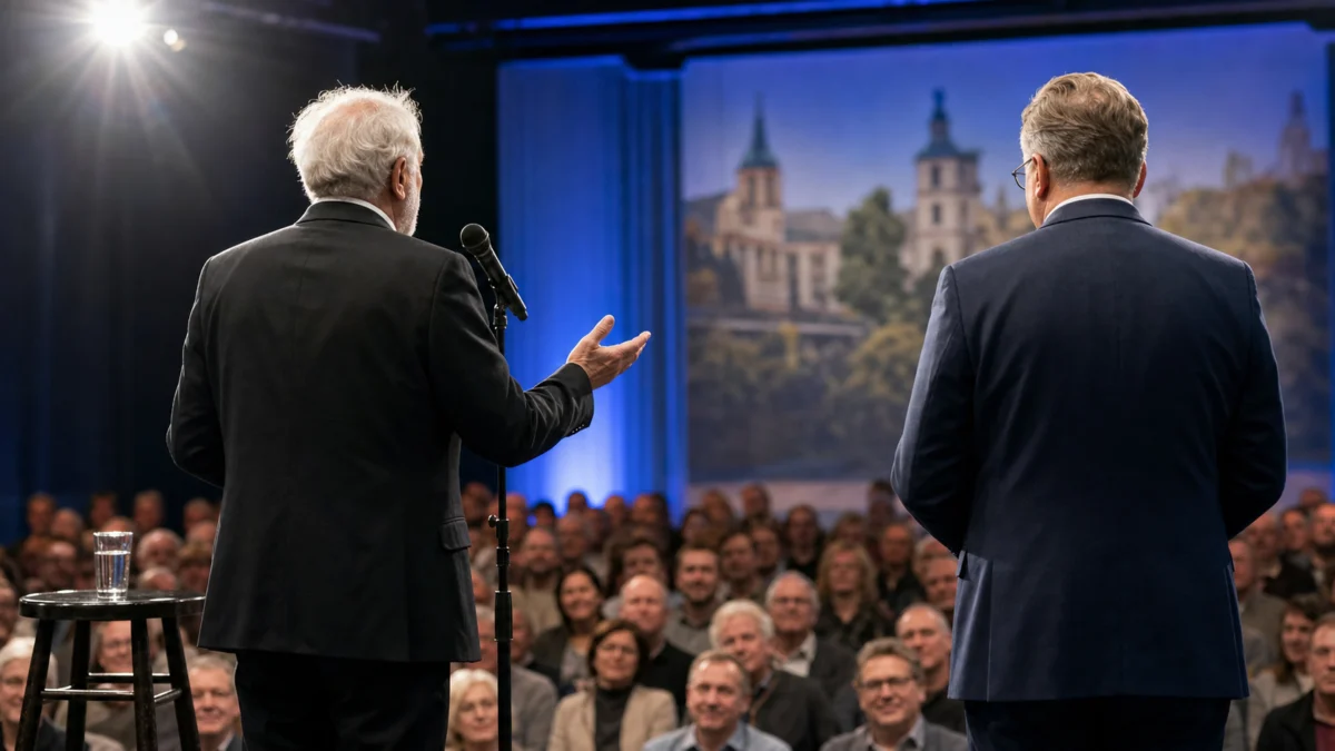 Älterer Unterhaltungskünstler und Politiker von hinten auf einer Wahlkampfbühne