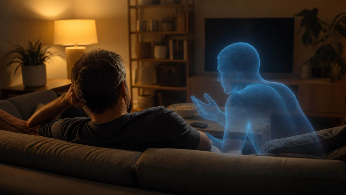 Ein Mann sitzt auf dem Sofa und spricht mit einer blauen Silhouette seines Körpers.