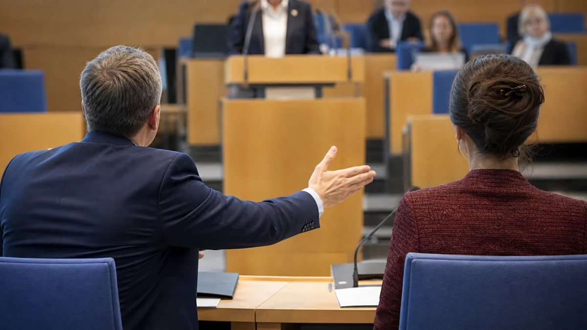 Politiker reicht einer Politikerin im Thüringer Landtag die Hand