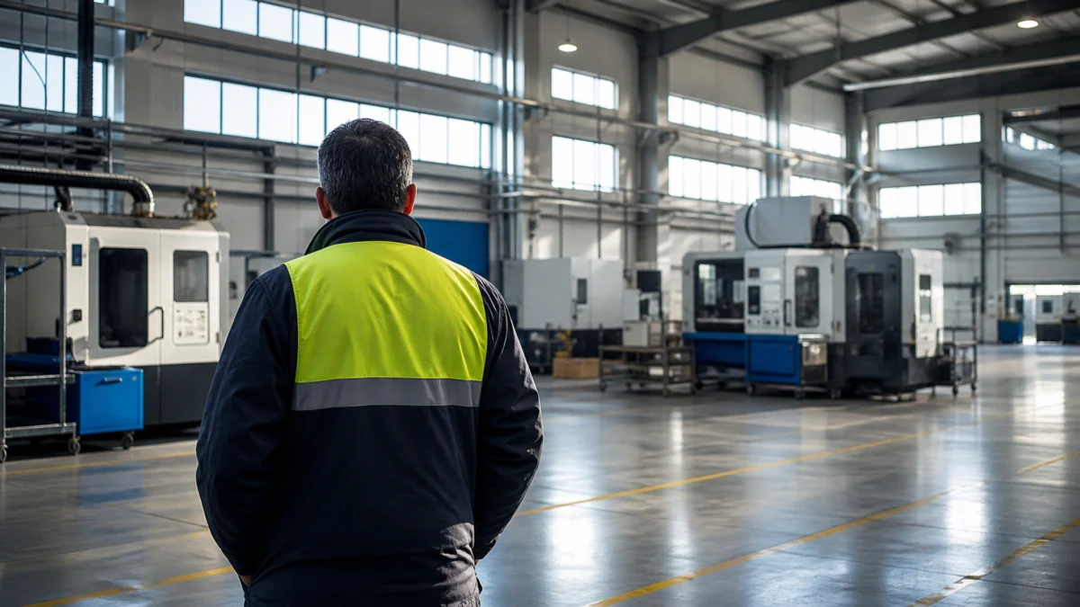Arbeiter von hinten in einer weitgehend stillen Industriehalle.
