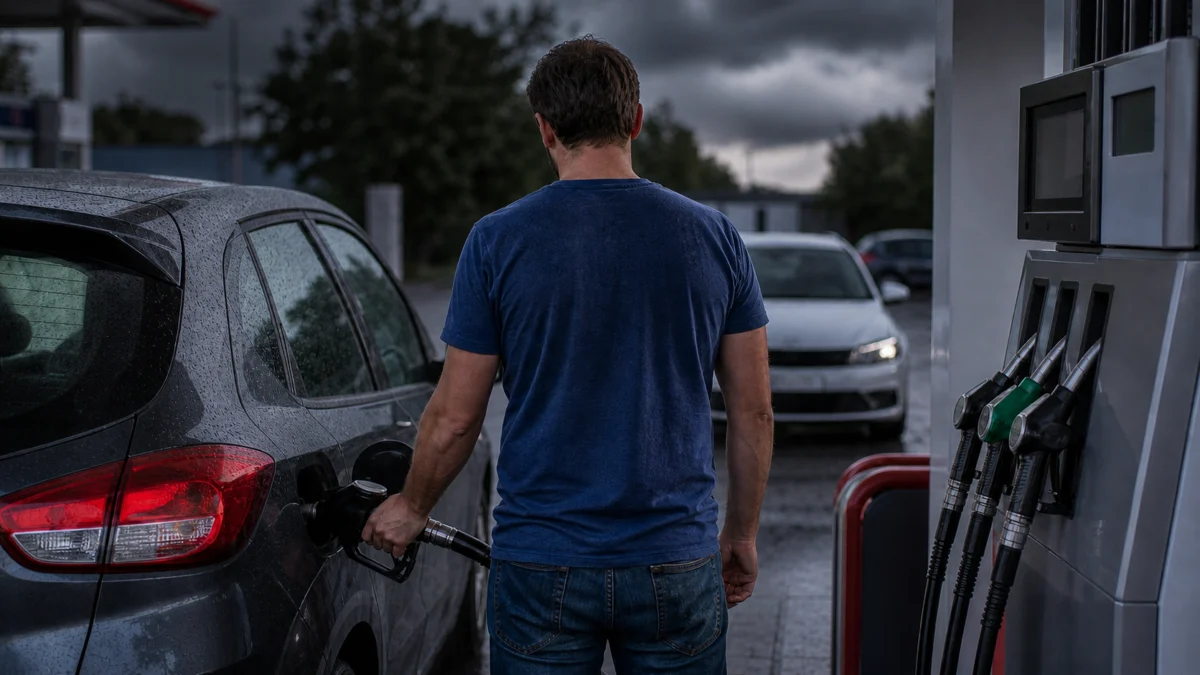 Mann tankt bei Regen an einer Tankstelle.