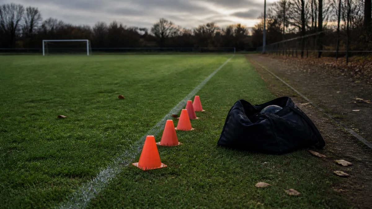 Leerer Fußballtrainingsplatz mit Trainingshütchen und Sporttasche.