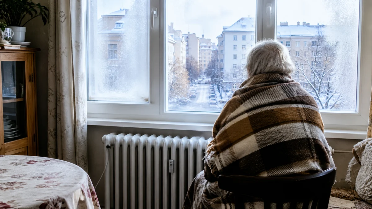 Ältere Person sitzt in einer kalten Wohnung am Heizkörper und blickt auf eine winterliche Stadt
