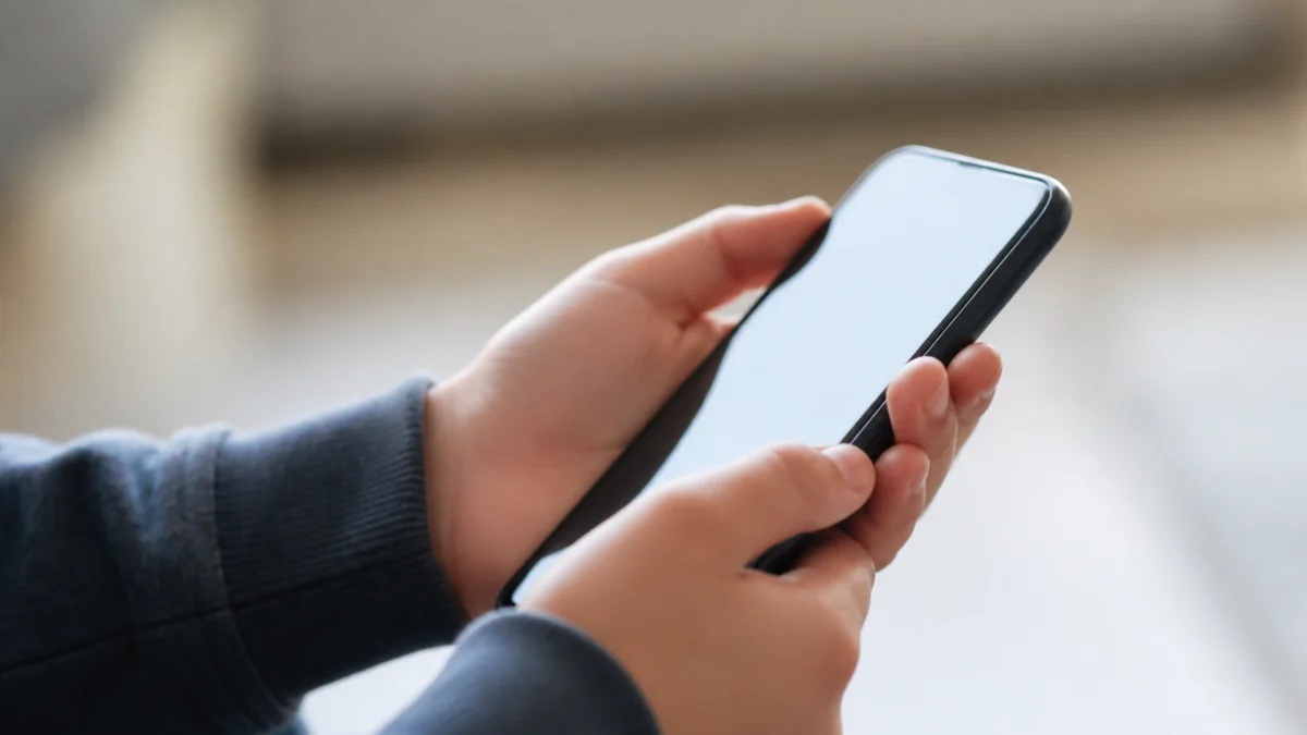 Kinderhände halten ein Smartphone in Nahaufnahme