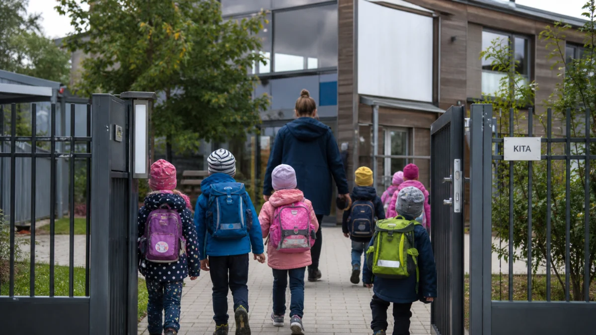 Kinder gehen mit einer Erzieherin durch das Tor einer Kita