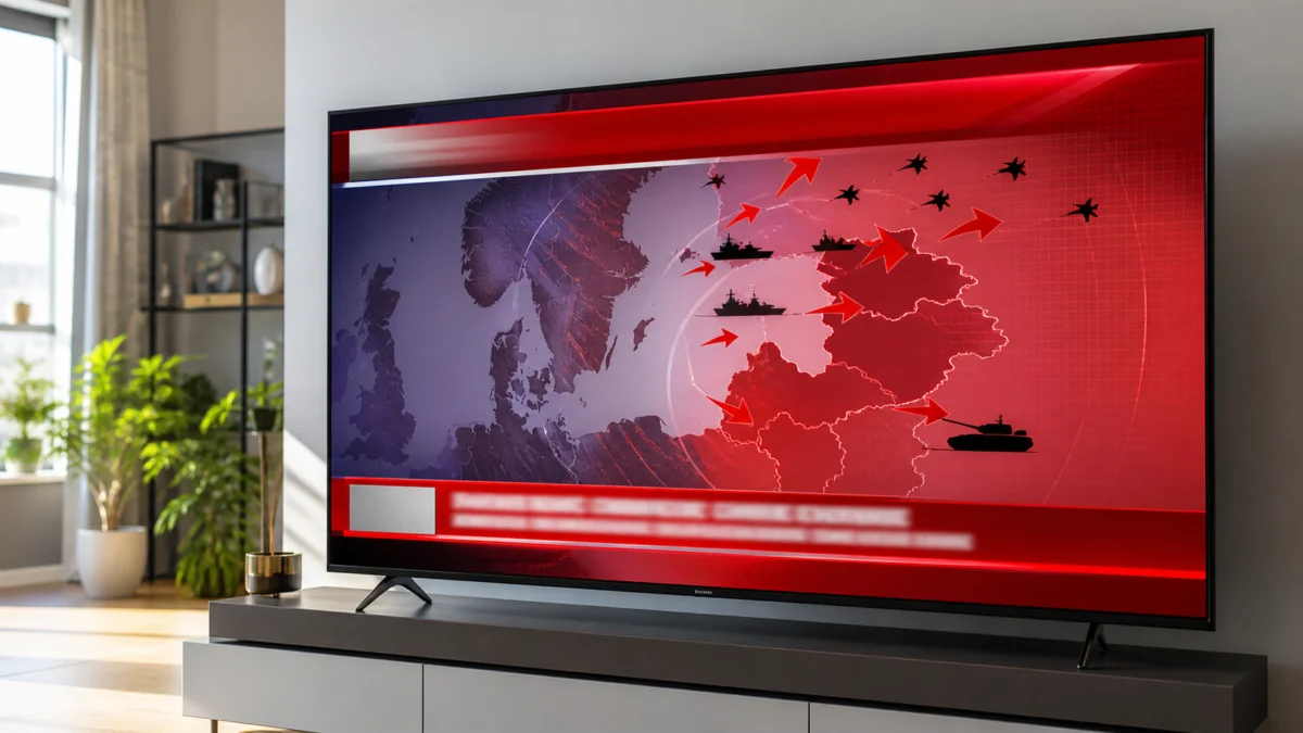 Fernsehbildschirm mit alarmistischer Darstellung eines hypothetischen Kriegsszenarios