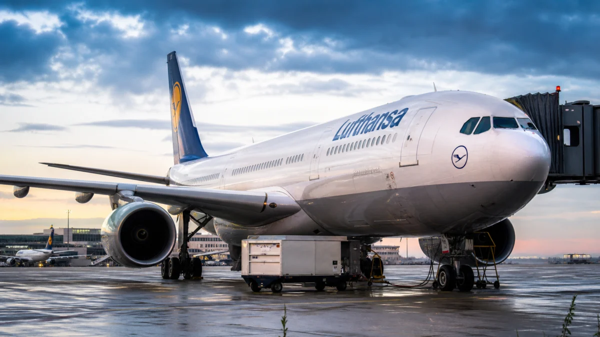 Lufthansa-Passagierflugzeug steht am frühen Morgen an einem deutschen Flughafen
