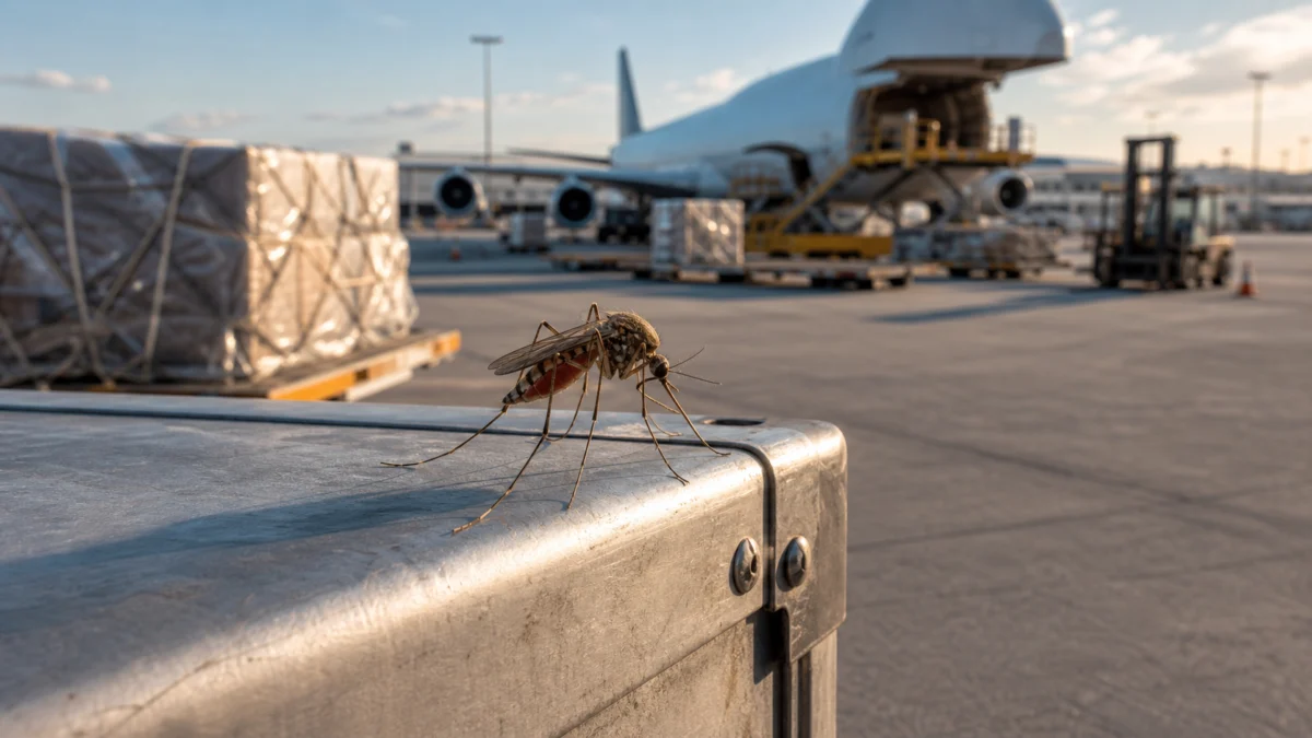 Anophelesmücke auf einem Frachtcontainer vor einem internationalen Flughafen.