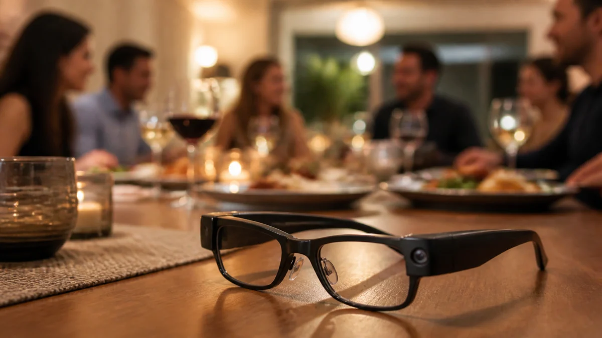 KI-Brille mit Kamera auf einem Tisch vor einer unscharfen Dinnergesellschaft