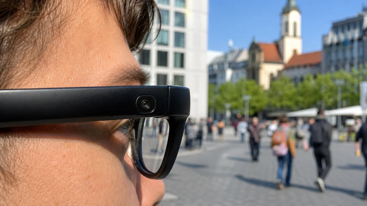Person trägt eine Smart-Brille mit integrierter Kamera im öffentlichen Raum