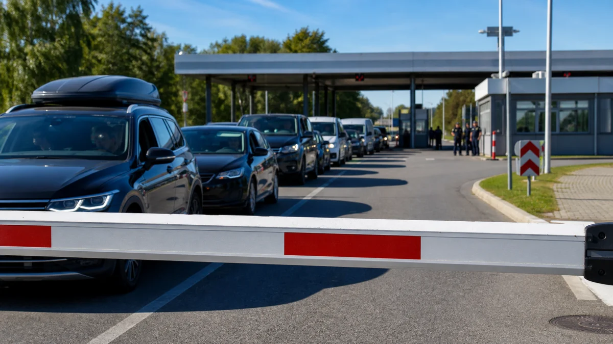 Geschlossene Schranke an einem deutschen Grenzkontrollpunkt mit wartenden Autos