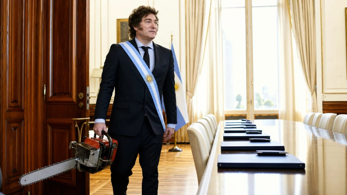 Javier Milei trägt eine Kettensäge in einem hellen argentinischen Regierungssaal