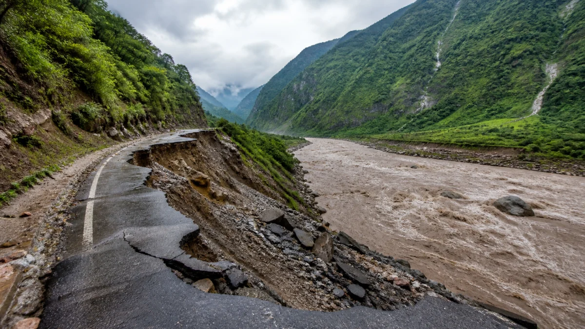 Eine zerstörte Bergstraße verläuft neben einem angeschwollenen Fluss in einem Himalaya-Tal.