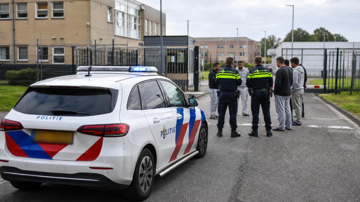Niederländische Polizeibeamte stehen mit einem Streifenwagen vor einer Asylunterkunft.