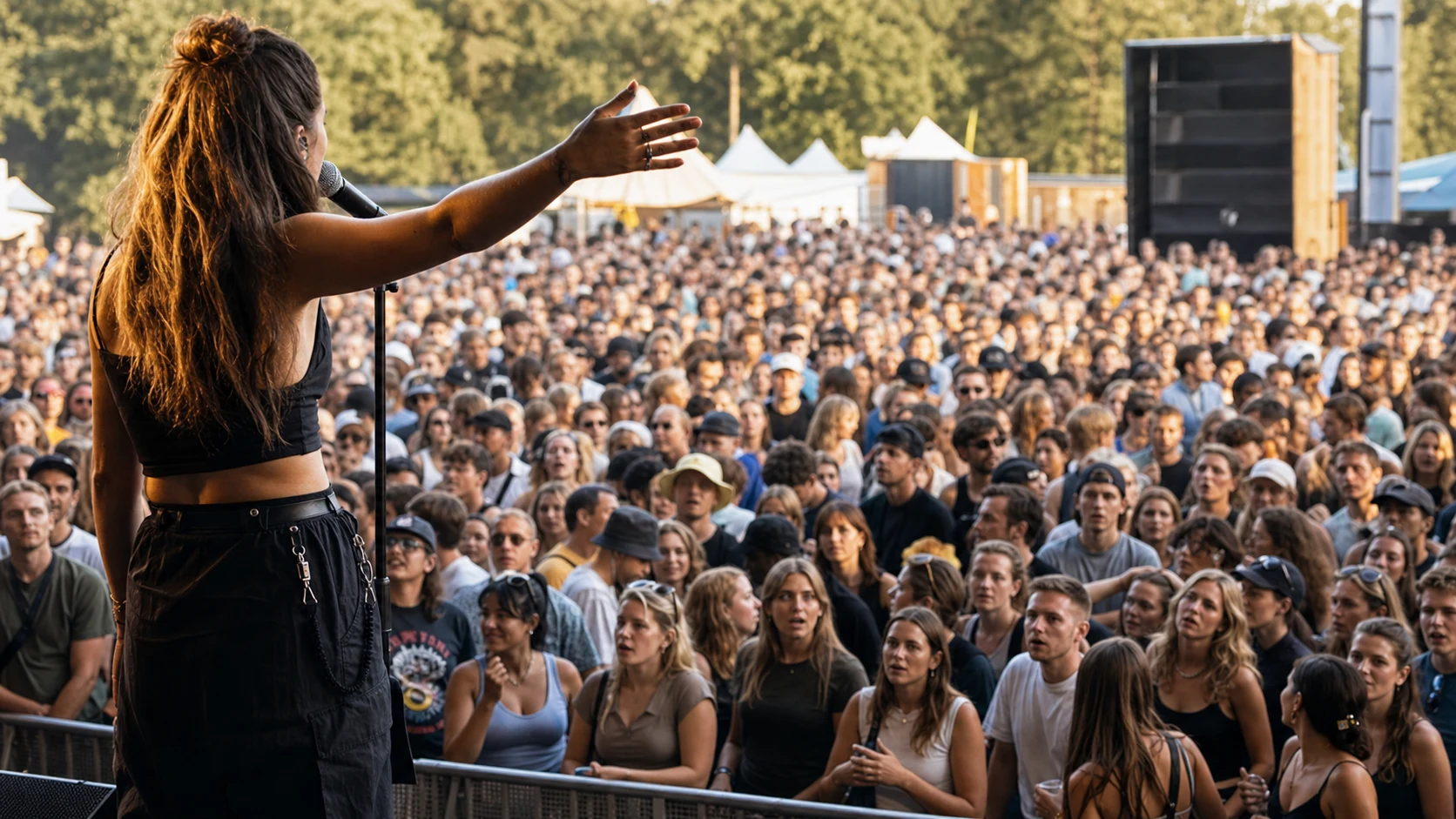 Sängerin gestikuliert auf einer Festivalbühne vor einem großen Publikum