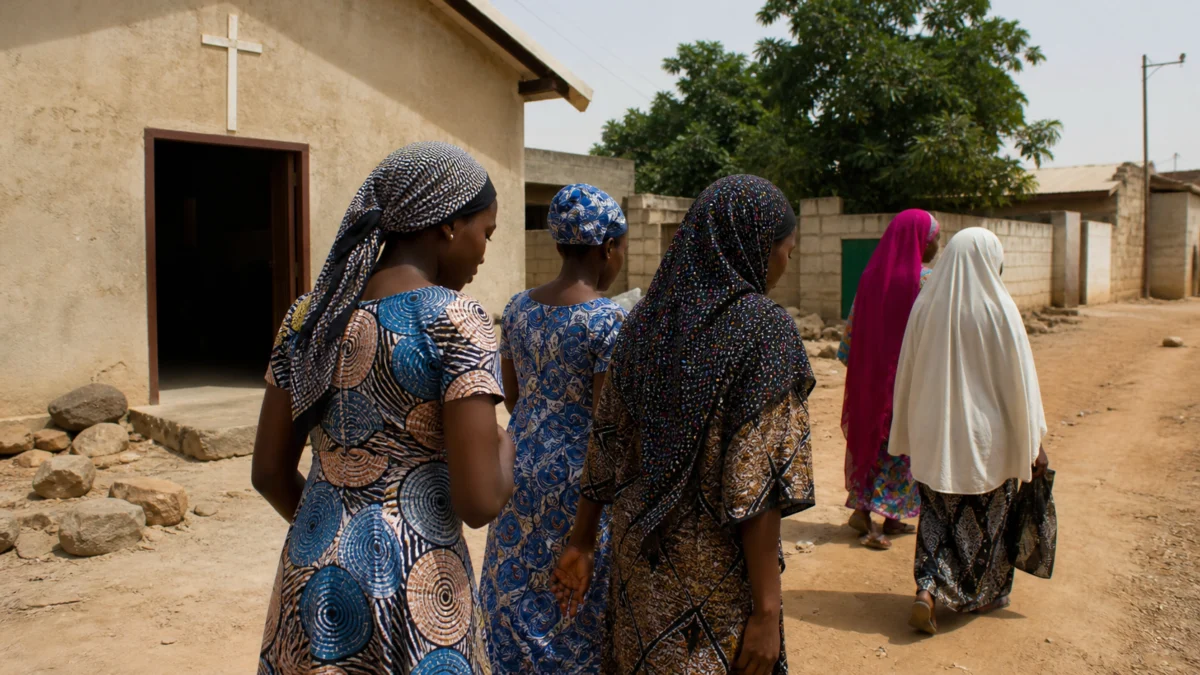 Christliche Frauen verlassen eine Kirche in Nigeria