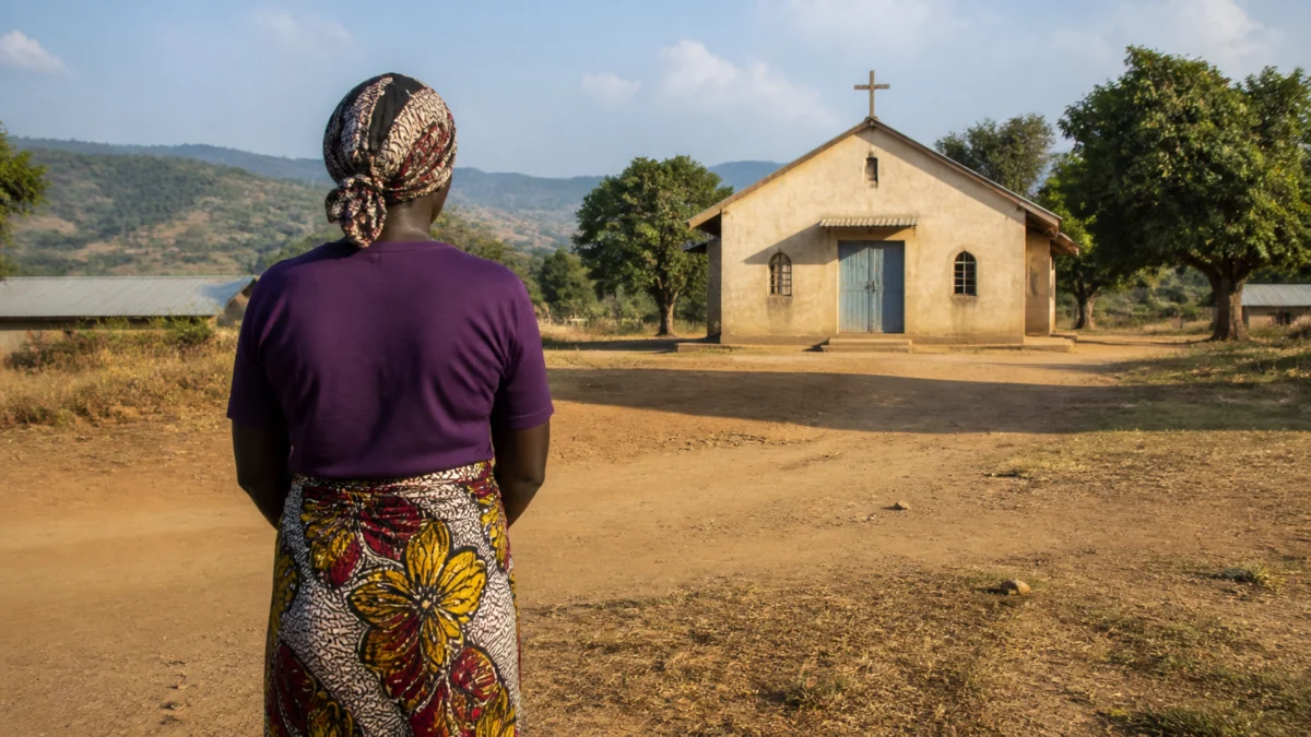 Symbolbild einer Christin vor einer Dorfkirche in Nigeria