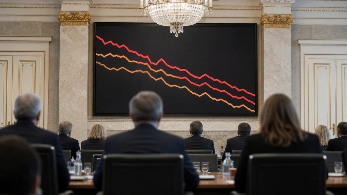 Regierungsrunde vor einem Emissionsmonitor