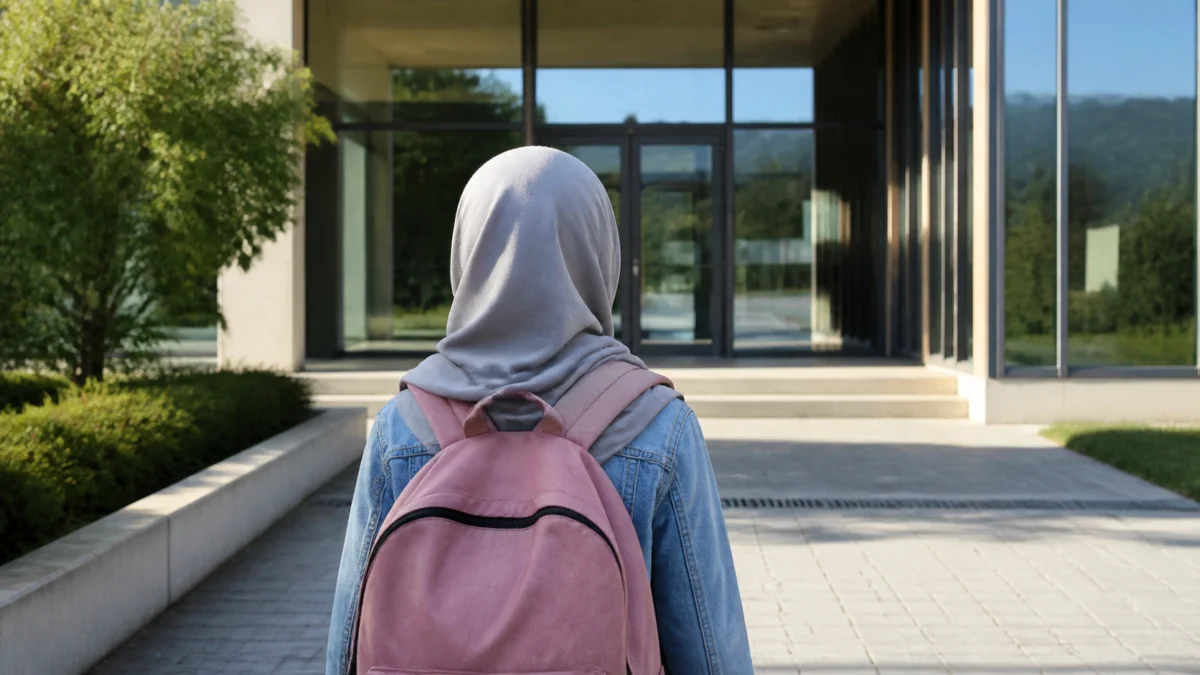 Mädchen mit Kopftuch und Schulranzen vor einem Schuleingang