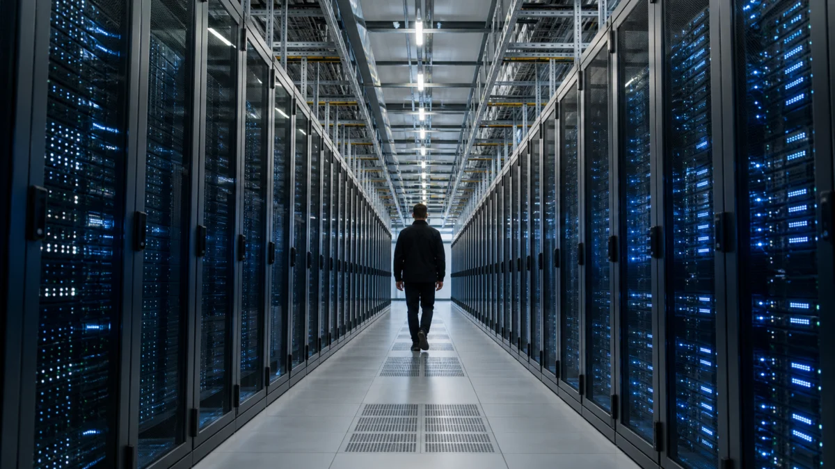 Anonymer Techniker von hinten in einem modernen Rechenzentrum