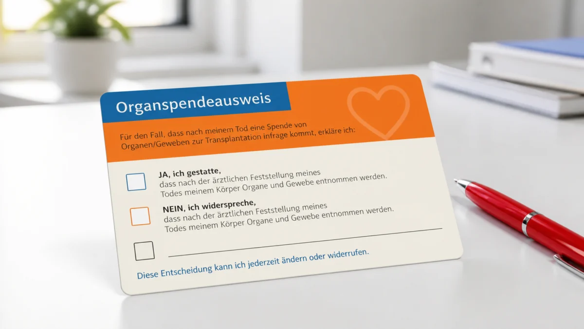 Organspendeausweis mit leeren Entscheidungsfeldern und rotem Stift