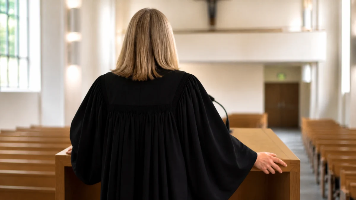Pastorin von hinten an einer Kanzel in einer modernen Kirche