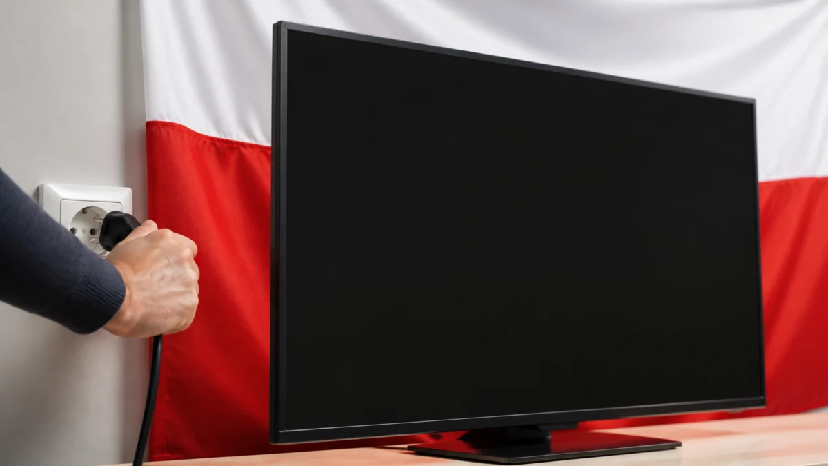 Ausgeschalteter Fernseher vor polnischer Flagge wird vom Strom getrennt