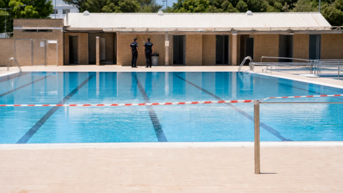 Geräumtes Freibad mit Absperrband und Einsatzkräften im Hintergrund.