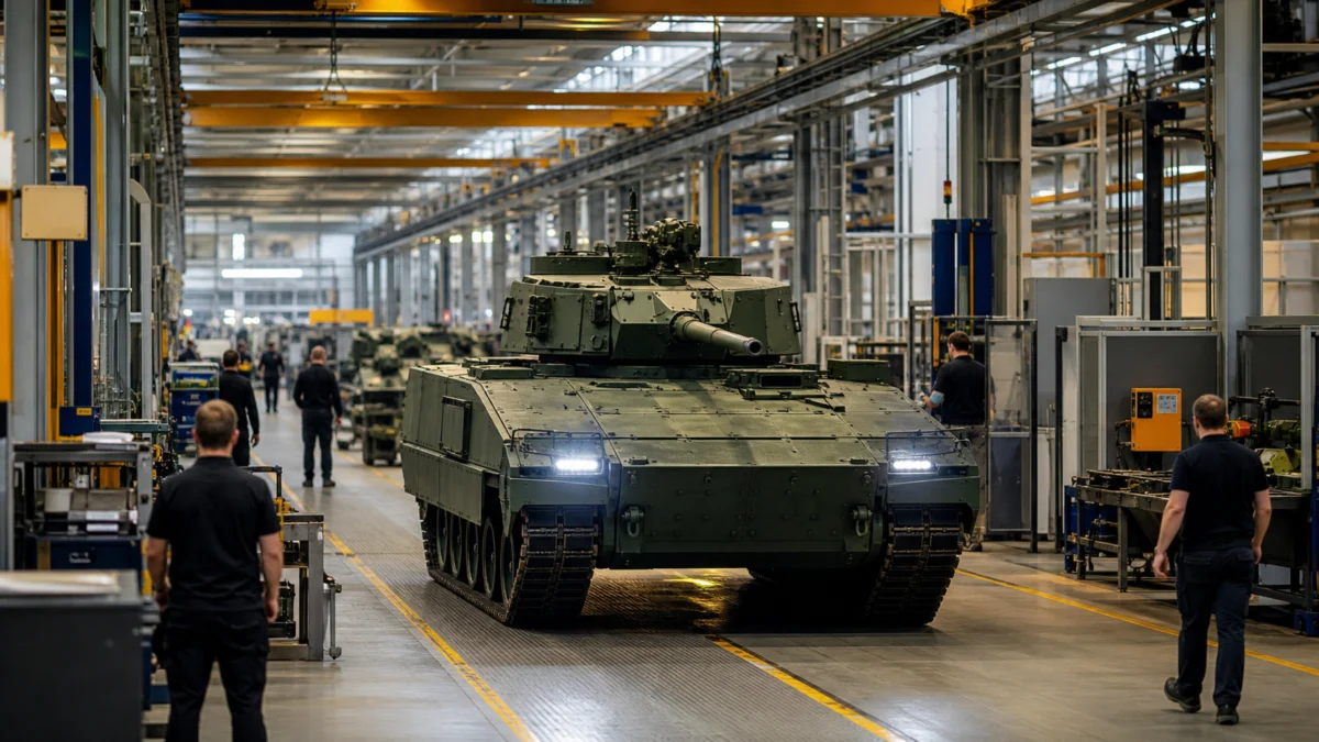 Ein gepanzertes Kettenfahrzeug auf der Fertigungslinie einer modernen Rüstungsfabrik.