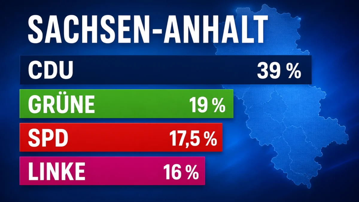 Umfragegrafik zur Landtagswahl in Sachsen-Anhalt mit den Werten für CDU, Grüne, SPD und Linke.