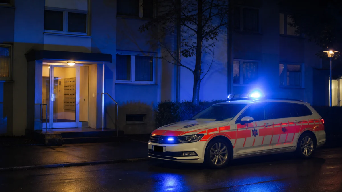 Schweizer Polizeifahrzeug vor einem Wohnhaus bei Nacht