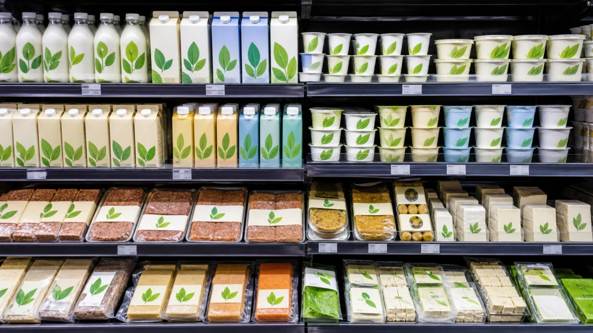 Ein Kühlregal mit veganen Ersatzprodukten im Supermarkt.