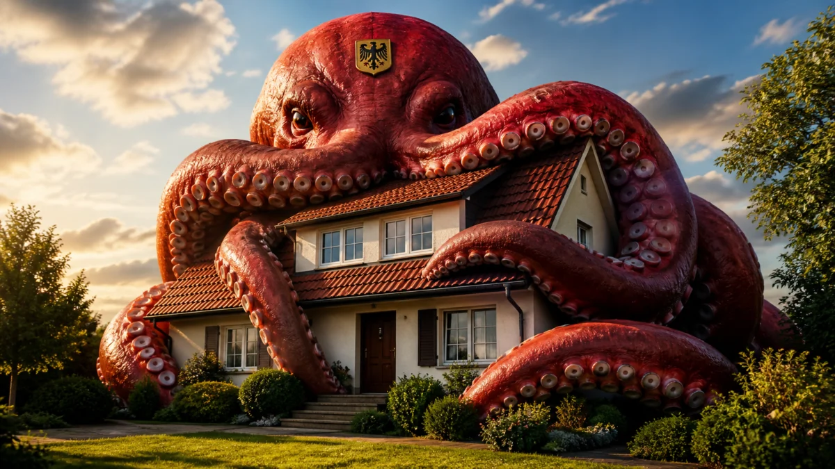 Eine rote Krake mit Staatssymbol schlingt ihre Tentakel um ein Einfamilienhaus.
