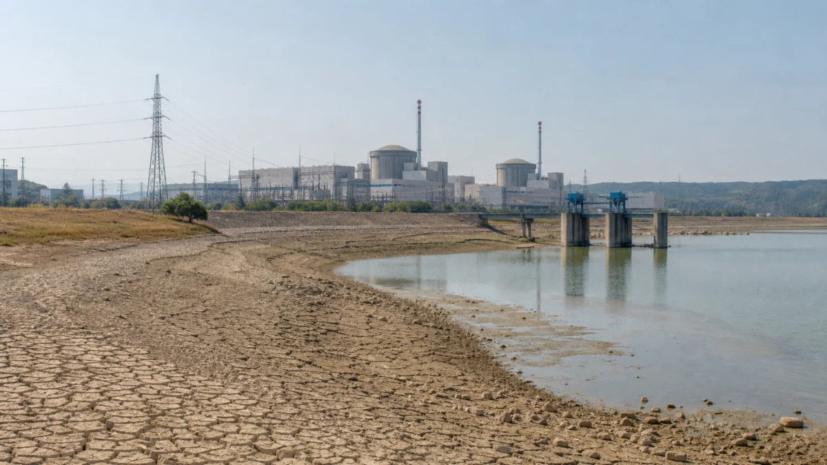 Kernkraftwerk an einem extrem niedrigen Flusspegel mit trockengefallenem Ufer