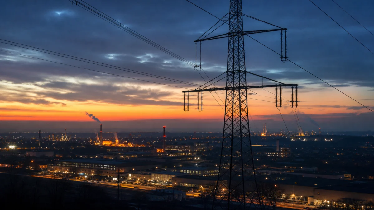 Hochspannungsmast über einem deutschen Industriegebiet bei einsetzender Dunkelheit